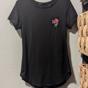 Black T-Shirt with Rose Embroidery